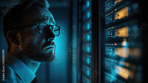 Programmer at a privacy data leak analysis screen in a big data server room