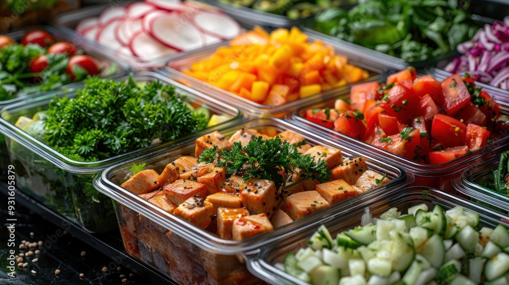 Colorful and Nutritious Healthy Meal with Fresh Vegetables, Grilled Chicken, and Herbs in Glass Containers Colorful and Nutritious Healthy Meal with Fresh Vegetables, Grilled Chicken, and Herbs in Glass Containers