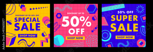Sale banners with abstract geometric Memphis shapes. Discounts up to 50 percent off. Vector vibrant square cards, shop retail advertising templates for promoting seasonal deals or attracting customers