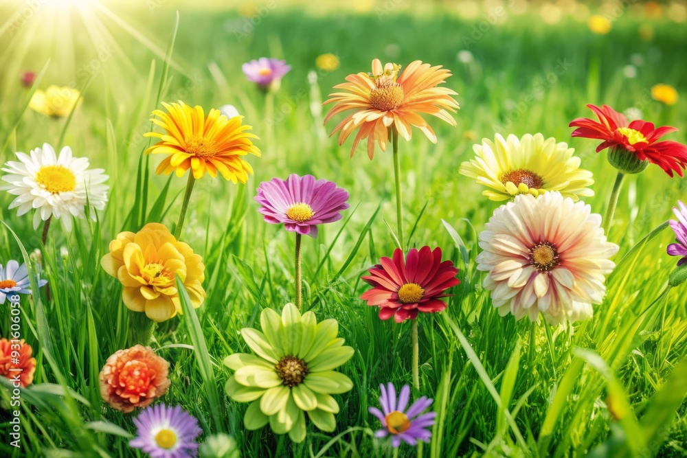 Φωτογραφία Vibrant watercolor artwork featuring colorful flowers blooming amidst lush green grass in an idyllic field, evoking feelings of serenity and summertime joy