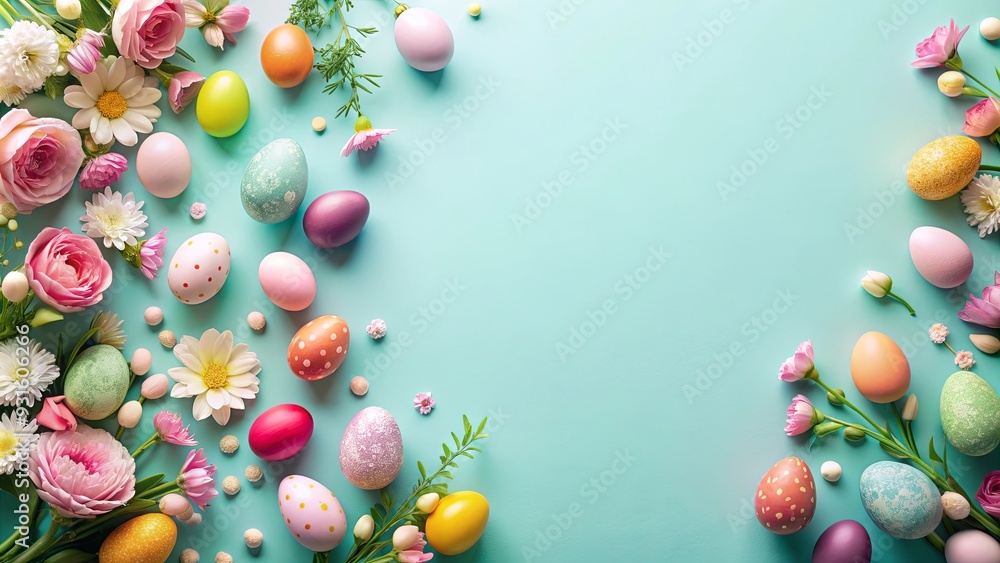 Obraz premium Creative layout of flowers and Easter eggs on pastel background, spring, celebration, festive, holiday, decoration