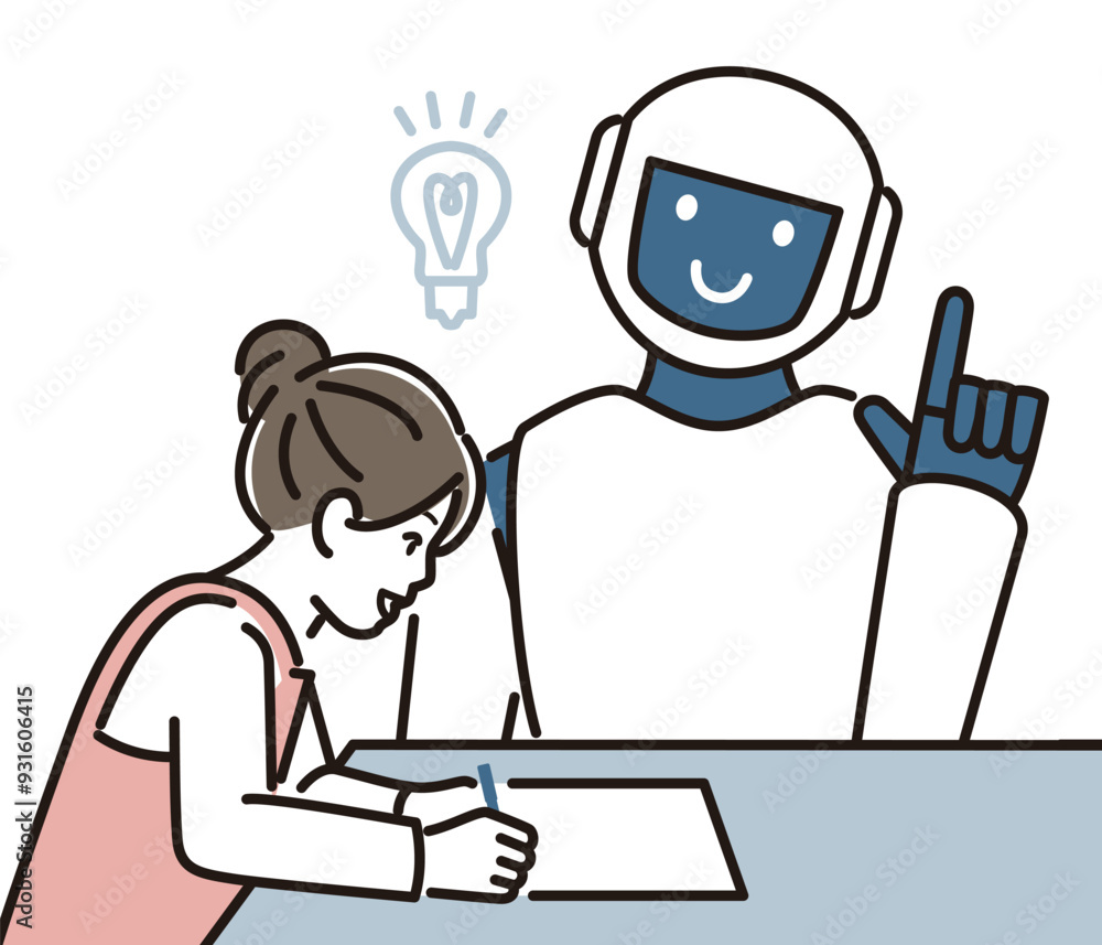 勉強を教えるロボットと女子生徒 勉強を教えるロボットと女子生徒