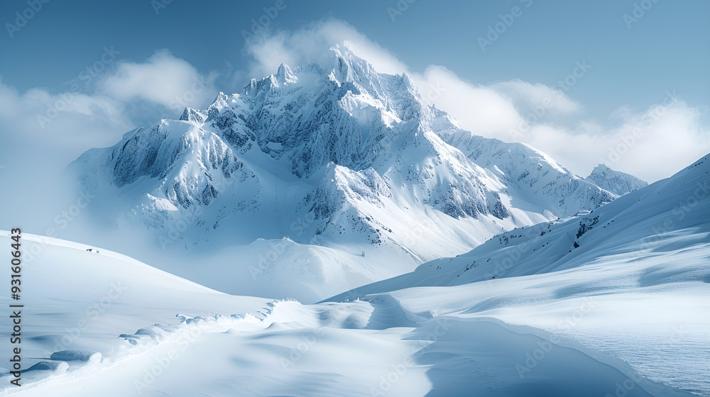Snow-Capped Mountain Shrouded in Soft Clouds Snow-Capped Mountain Shrouded in Soft Clouds