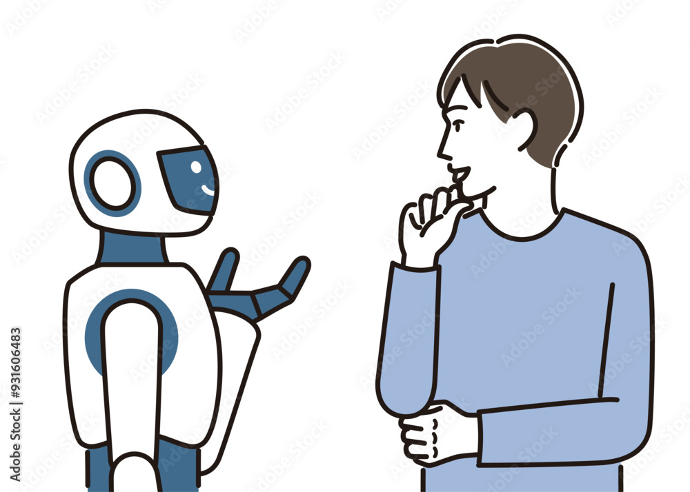 ロボットと会話する男性