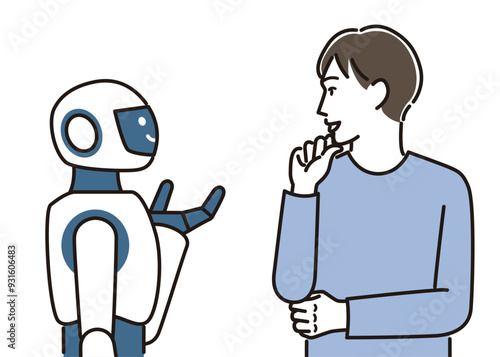 ロボットと会話する男性