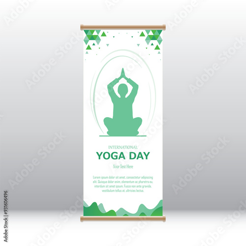 International yoga day, human body posture, improve physical and mental health, exercise and meditation, copy space for text, vertical roll up banner, display mockup layout template