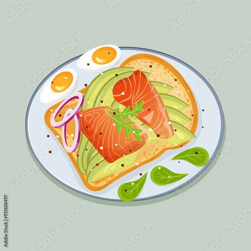 Smoked salmon and avocado toast and eggs. Healthy snack design. Flat vector illustration isolated
