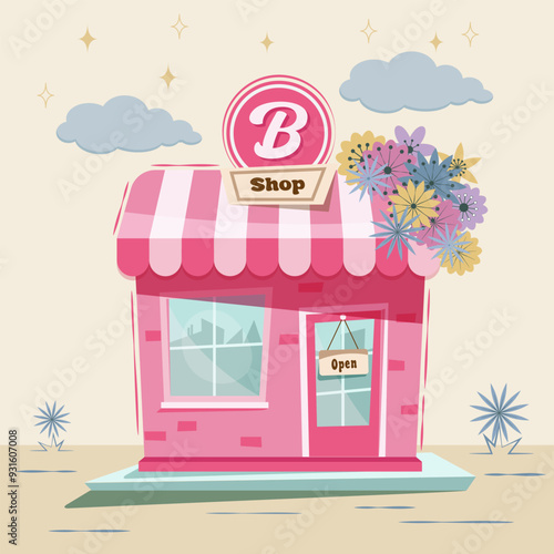 Charming Pink Storefront Design with B Logo and Open Sign -Adorable Cartoon Shop Illustration with Striped Awning and Cityscape on light Background photo