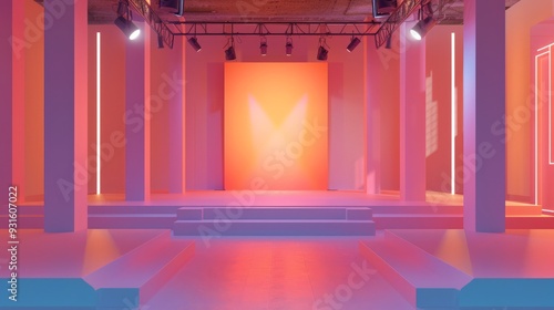 View of a dress rehearsal for a fashion show flat design front view pre-show prep theme 3D render Complementary Color Scheme