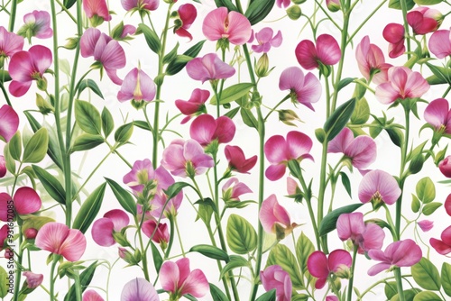 Delicate sweet pea flowers bloom in a vibrant summer meadow, creating a stunning seamless pattern on a pure white background, evoking warmth and serenity.