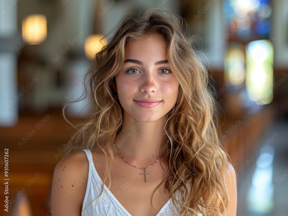 A young woman with wavy blonde hair and blue eyes is standing inside a well-lit room, wearing a light-colored top and a necklace with a cross pendant A young woman with wavy blonde hair and blue eyes is standing inside a well-lit room, wearing a light-colored top and a necklace with a cross pendant