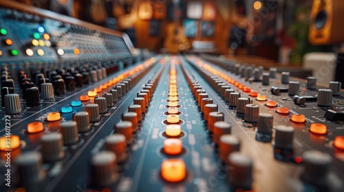 A detailed close-up view of a professional audio mixing console in a recording studio with various illuminated buttons, knobs, and sliders indicating active musical equipment