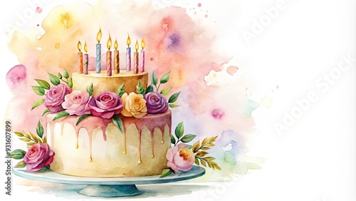 Fototapeta Naklejka Na Ścianę i Meble -  Watercolor of a birthday cake with candles and flowers, watercolor,cake, candles, flowers, birthday, celebration, dessert