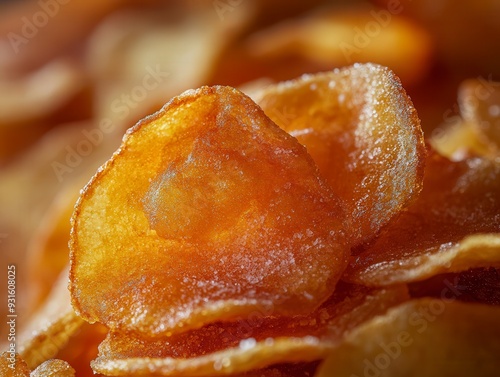 Close-up of crispy golden potato chips with a rich texture and warm lighting, ideal for food-related designs focusing on snacks, comfort food, and indulgence.