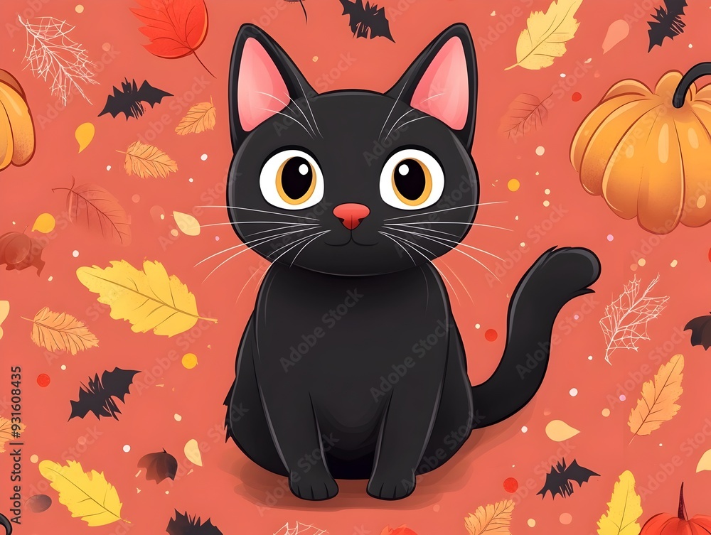 Adorable Black Cat in Spooky Halloween Themed Cartoon Style Adorable Black Cat in Spooky Halloween Themed Cartoon Style
