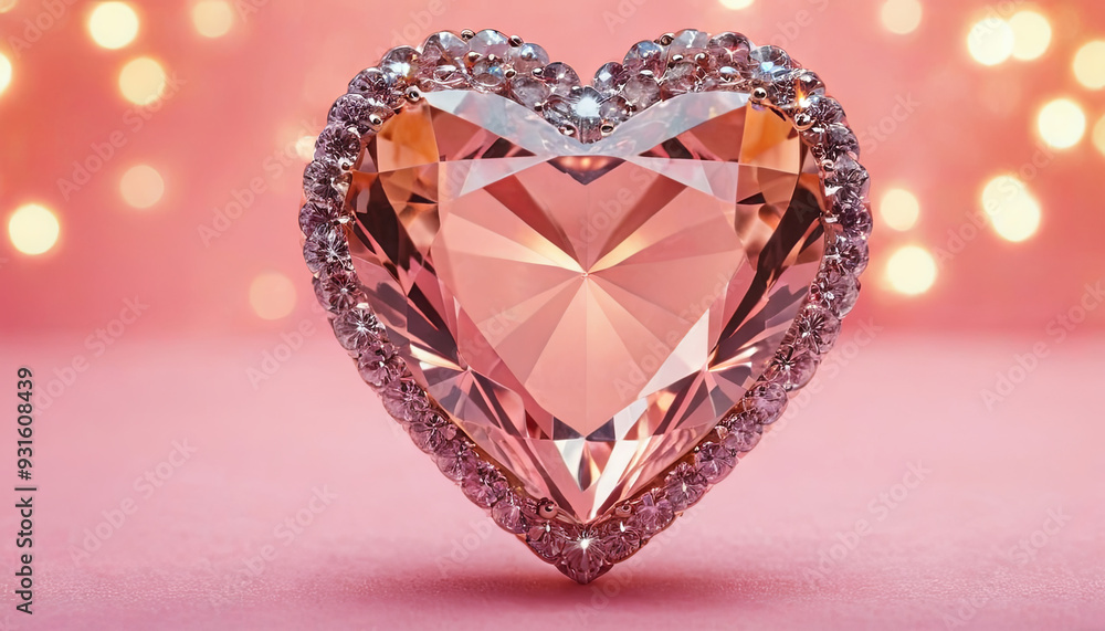 A heart-shaped diamond glimmers with brilliance amidst a soft pink backdrop, creating a romantic atmosphere