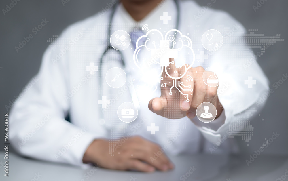 Health care and medical AI technology services concept.Medical worker hold virtual medical revolution and advance of technology Artificial Intelligence and technology for future Health. Health care and medical AI technology services concept.Medical worker hold virtual medical revolution and advance of technology Artificial Intelligence and technology for future Health.