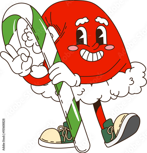 Retro groovy Christmas Santa hat character holding candy cane, striking festive pose. Isolated cartoon vector xmas cap with cheerful expression and traditional red and white colors exudes holiday vibe