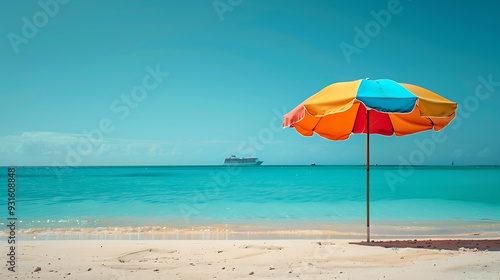 Multicolour vibrant rainbow beach umbrella on a beautiful hot and clear sunny day with cruise ship on the horizon turquoise water Arashi Beach Aruba Caribbean Sea Photo taken in Februa : Generative AI