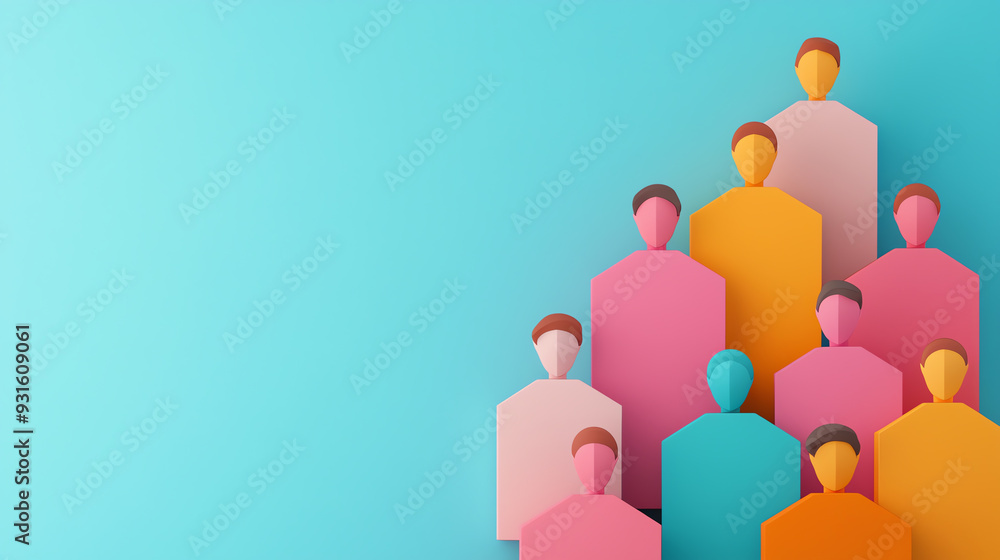 Colorful abstract representation of people in a pyramid shape against a turquoise background, symbolizing diversity and community. Colorful abstract representation of people in a pyramid shape against a turquoise background, symbolizing diversity and community.