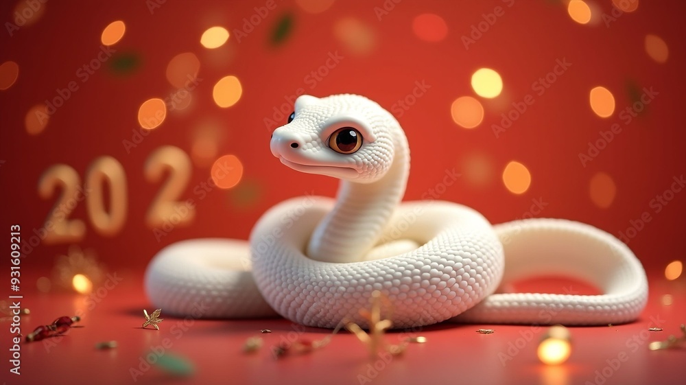 Fototapeta premium A cute white snake on Christmas and new year background. The Chinese calendar of 2025 year with gold bokeh