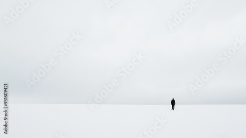 A serene white field with a small, solitary object, capturing the illusion of purity and the psychological impact of white space. photo