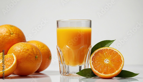 Orange juice in a glass and oranges on a white table. Healthy fruit drink.