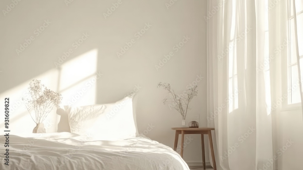 A serene white bedroom with minimal furniture and decor, capturing the essence of simplicity and tranquility. A serene white bedroom with minimal furniture and decor, capturing the essence of simplicity and tranquility.