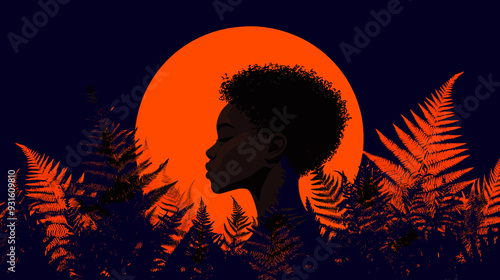 This striking illustration features a woman's silhouette against a vivid red moon, surrounded by dark fern leaves