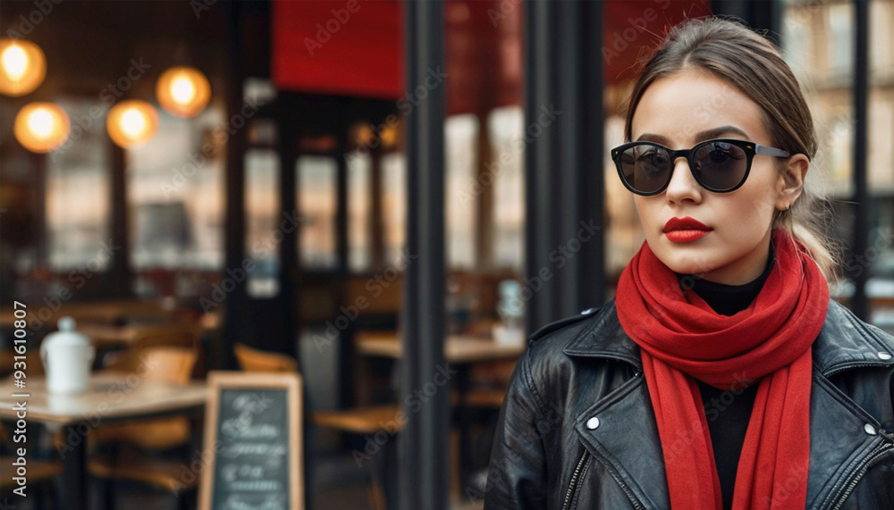 Portrait of Caucasian girl in jacket, red scarf and sunglasses on city street in winter. Young stylish woman. Portrait of Caucasian girl in jacket, red scarf and sunglasses on city street in winter. Young stylish woman.