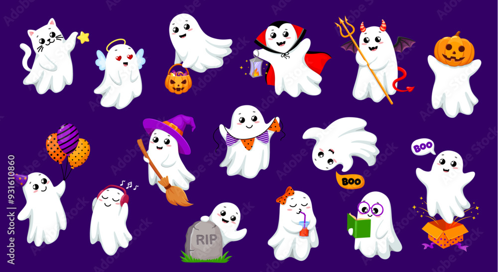 Cartoon kawaii Halloween ghosts characters. Isolated vector set of cute smiling spooks flying, having fun, wear adorable costumes and adding a charming and playful touch to spooky season celebration Cartoon kawaii Halloween ghosts characters. Isolated vector set of cute smiling spooks flying, having fun, wear adorable costumes and adding a charming and playful touch to spooky season celebration