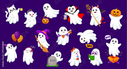 Cartoon kawaii Halloween ghosts characters. Isolated vector set of cute smiling spooks flying, having fun, wear adorable costumes and adding a charming and playful touch to spooky season celebration