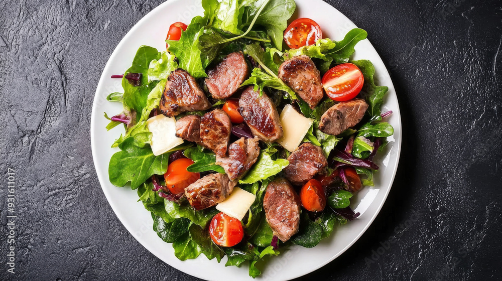 A fresh vegetable salad with chicken liver, including salad leaves, cheese, and tomatoes, served on a plate. Top view of a diet-friendly meal. --ar 16:9 --v 6.1 Job ID: dbb21f6f-71ae-48f8-a321-314a01a A fresh vegetable salad with chicken liver, including salad leaves, cheese, and tomatoes, served on a plate. Top view of a diet-friendly meal. --ar 16:9 --v 6.1 Job ID: dbb21f6f-71ae-48f8-a321-314a01a