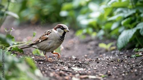 Sparrow hopping along a garden path its tiny feet leaving tracks in the dirt photo