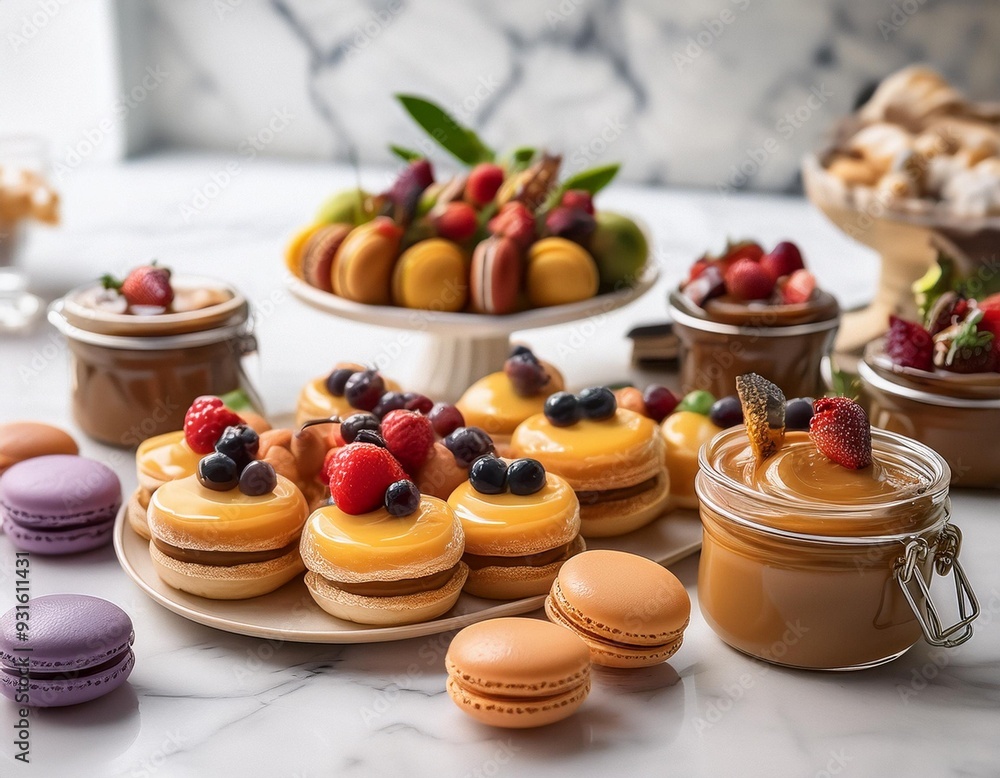 Dulce de leche-filled macarons arranged on a decorative plate with delicate flower petals Dulce de leche-filled macarons arranged on a decorative plate with delicate flower petals