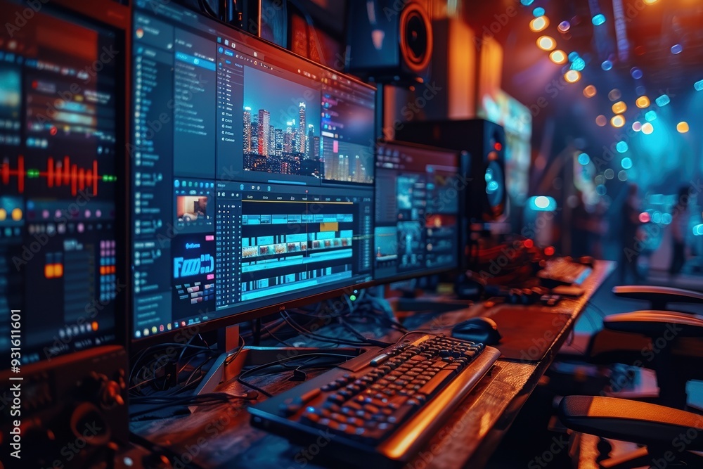 A high-tech digital editing workspace with multiple monitors displaying advanced video editing software in a modern, dimly lit studio A high-tech digital editing workspace with multiple monitors displaying advanced video editing software in a modern, dimly lit studio