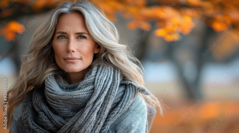 Portrait of a mature woman with long gray hair wearing a cozy gray sweater and scarf standing outdoors in autumn with orange leaves in the background Portrait of a mature woman with long gray hair wearing a cozy gray sweater and scarf standing outdoors in autumn with orange leaves in the background