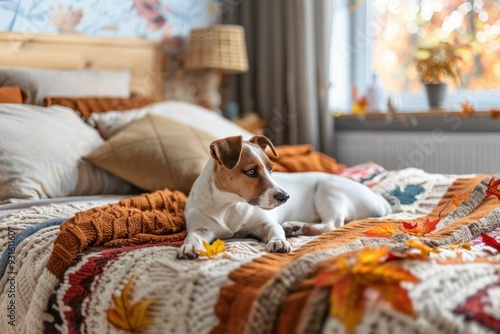 Small Jack Russell Terrier dog lies on the bed in an autumn-themed bedroom, surrounded by fall leaves and cozy blankets. The room is decorated with warm colors like orange and brown.