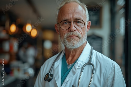 A mature doctor with glasses and a stethoscope around his neck stands confidently in a medical setting, with blurred background lights contributing to the professional ambiance