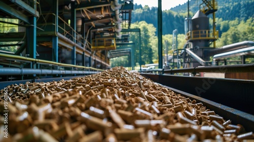 A close-up view of wood pellets on a conveyor in an industrial facility.