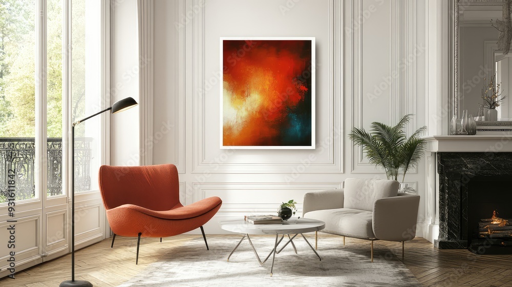 A piece of art with a white border placed in a stylish interior, highlighting how white frames influence the setting and viewer experience. A piece of art with a white border placed in a stylish interior, highlighting how white frames influence the setting and viewer experience.