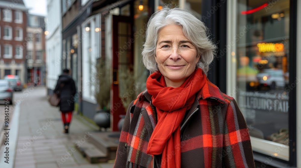Fototapeta premium A distinguished elderly woman with silver hair and a warm red scarf smiles gently as she stands on a bustling urban street, showcasing modern city life