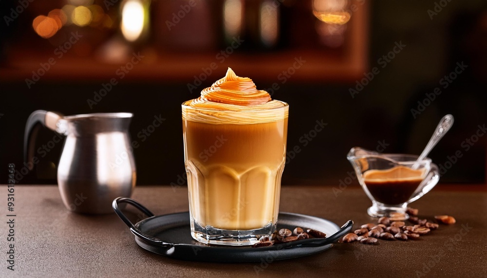 Gourmet coffee drink with dulce de leche syrup, served in a glass with a stylish coffee shop Gourmet coffee drink with dulce de leche syrup, served in a glass with a stylish coffee shop