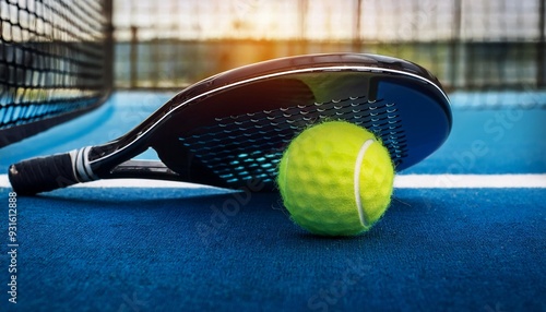 Close-up of a padel ball with a racket about to make contact, with the court and net in the background