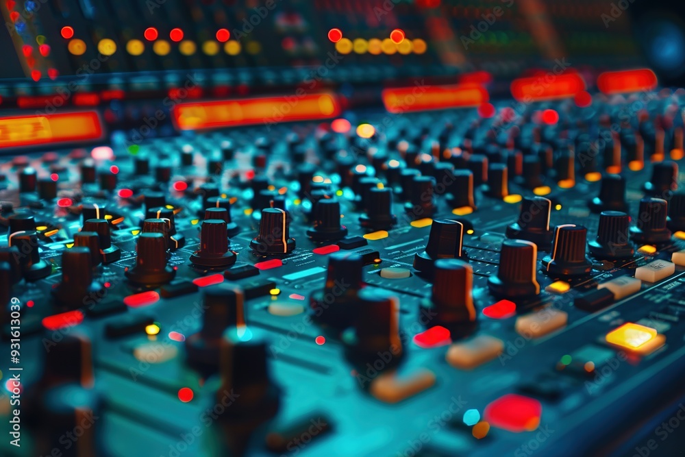 Obraz premium A close-up of a sound mixing console with various knobs and colorful lights, used for audio production.
