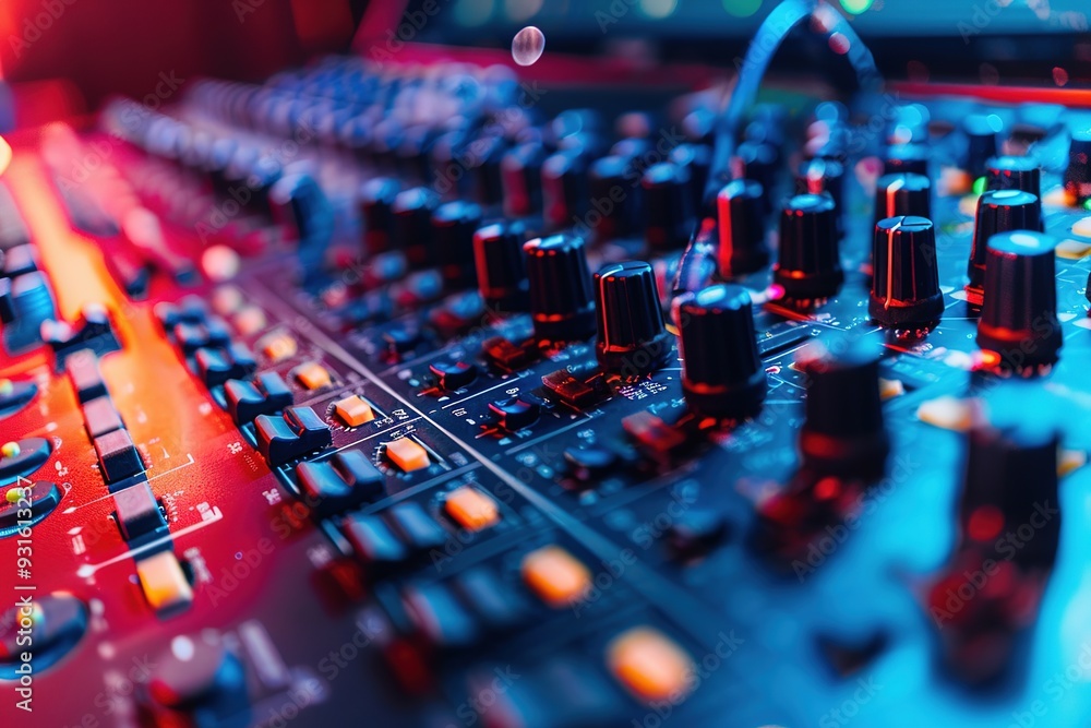 Close-up of a professional audio mixing console with colorful controls and knobs. Close-up of a professional audio mixing console with colorful controls and knobs.