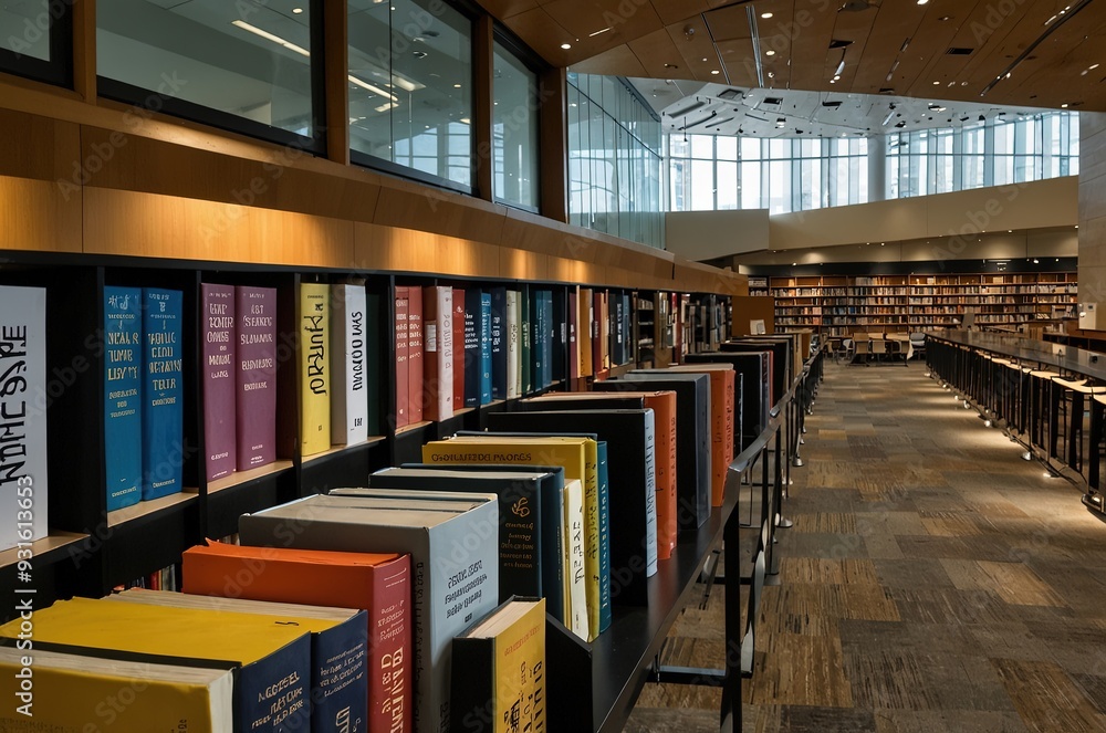 Fototapeta premium Calgary, Alberta - May 14, 2024: Books on display in Calgary's Central LIbrary in Calgary's East Village