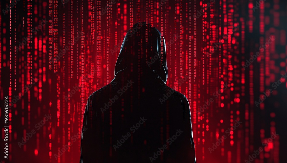 Silhouette of a Hacker with Binary Code Background Silhouette of a Hacker with Binary Code Background