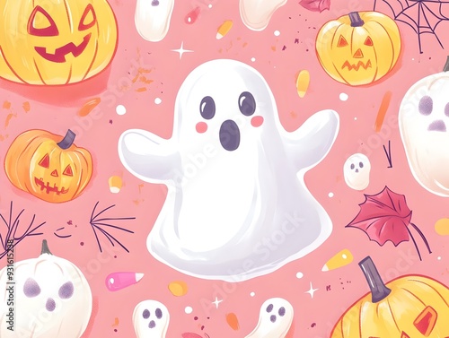 Cheerful Ghost and Pumpkins in Festive Halloween Themed Cartoon with Playful Patterns