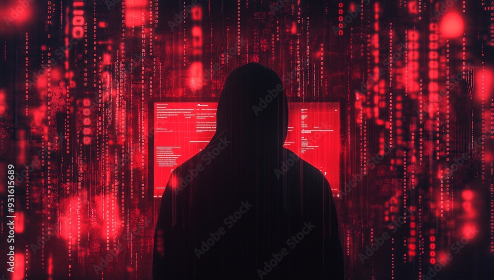 Silhouette of a Hacker with Binary Code Background Silhouette of a Hacker with Binary Code Background